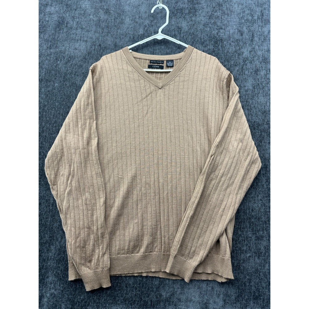 Cezani Sweater Mens 2XL Beige Extra Fine Merino Wool Ribbed‎ Tight Knit Winter